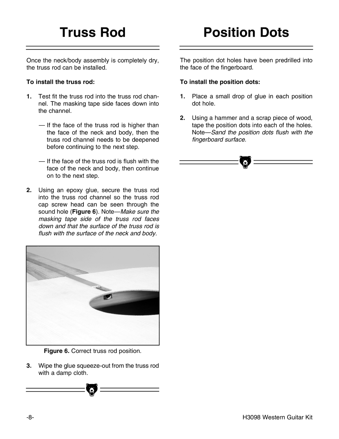 Grizzly H3098 instruction manual Truss Rod, Position Dots, To install the truss rod, To install the position dots 