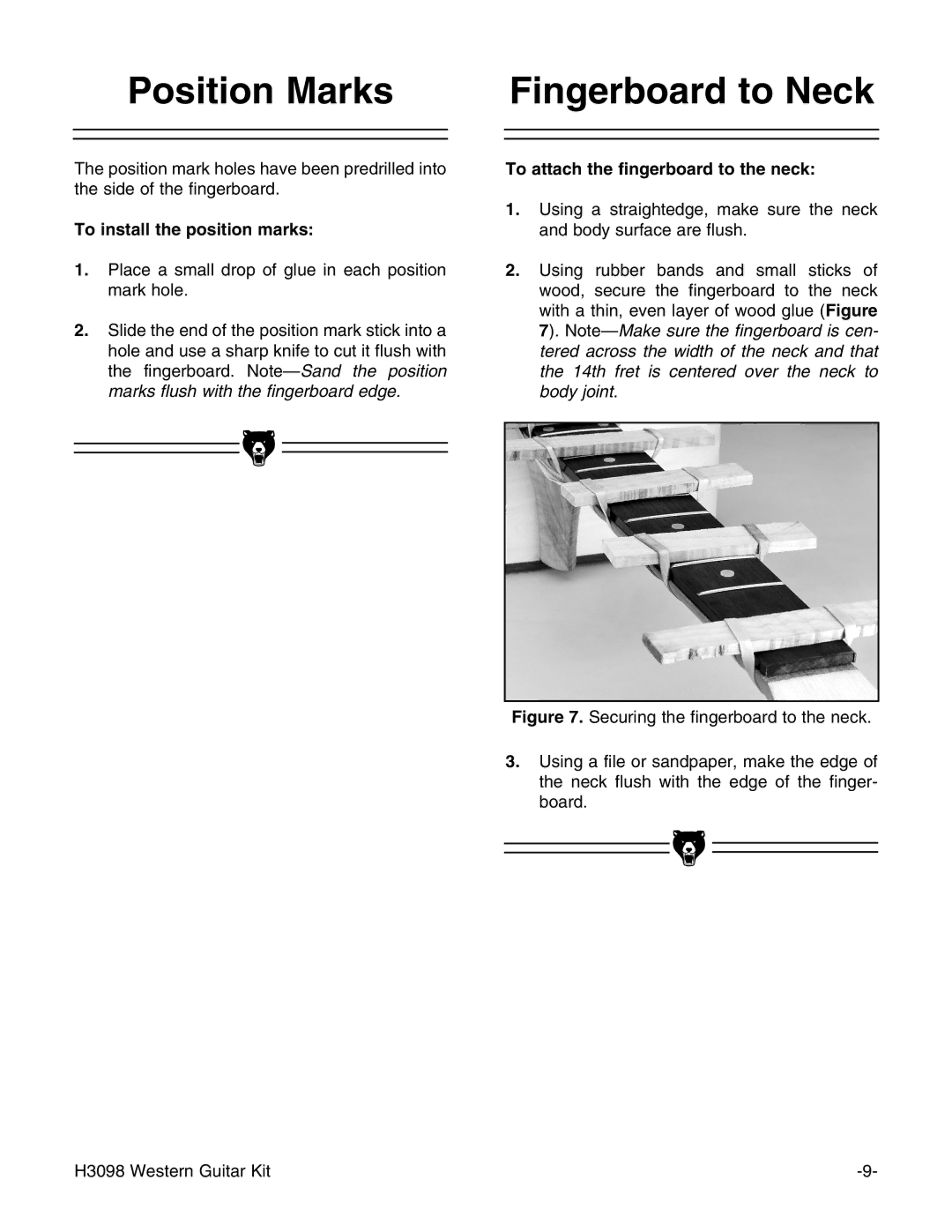 Grizzly H3098 Position Marks, Fingerboard to Neck, To install the position marks, To attach the fingerboard to the neck 