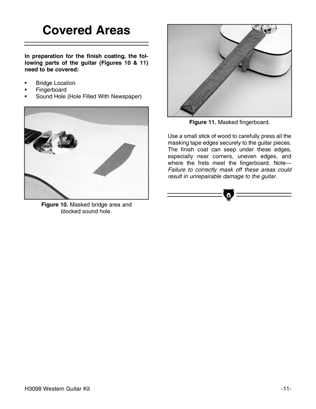 Grizzly H3098 instruction manual Covered Areas, Masked bridge area Blocked sound hole 