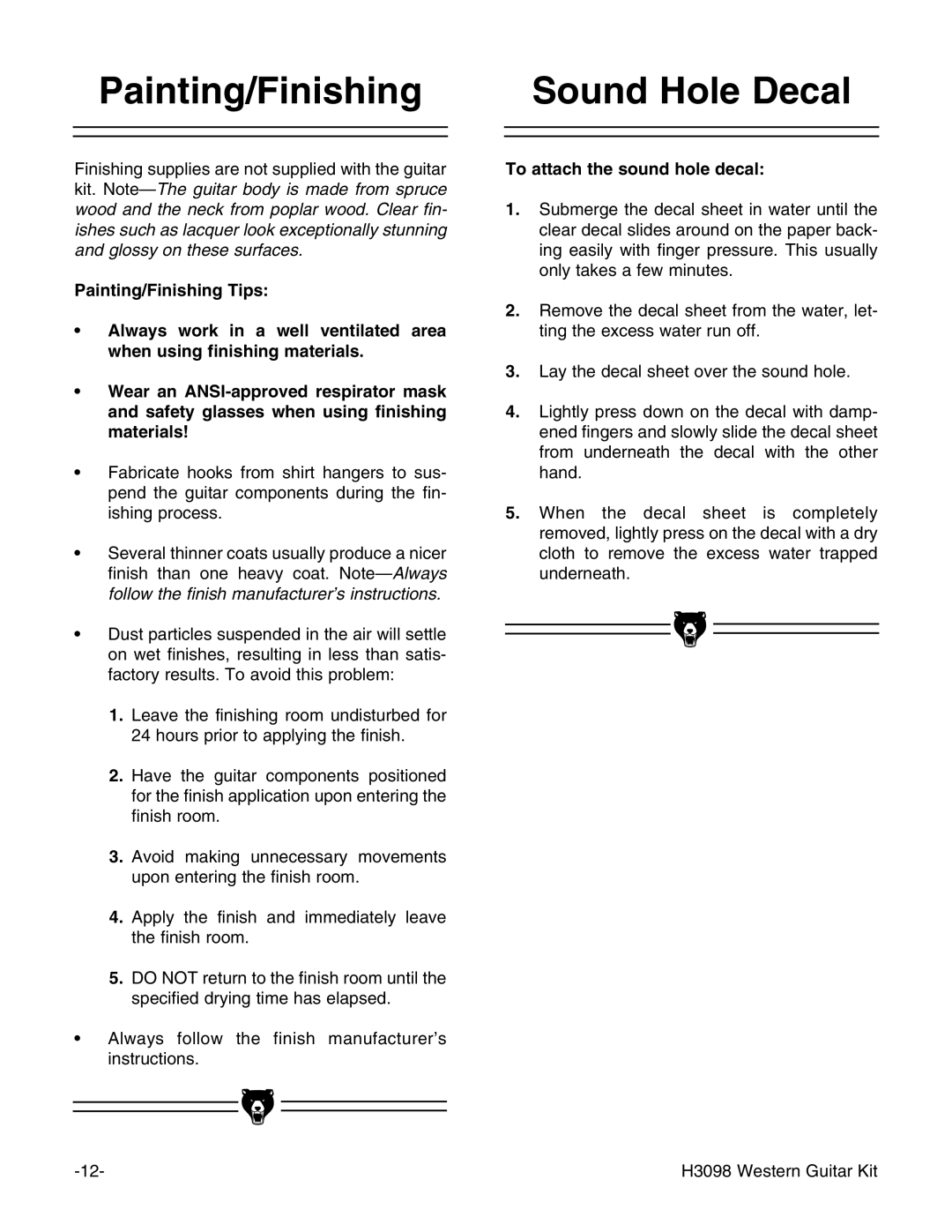 Grizzly H3098 instruction manual Painting/Finishing Sound Hole Decal, To attach the sound hole decal 