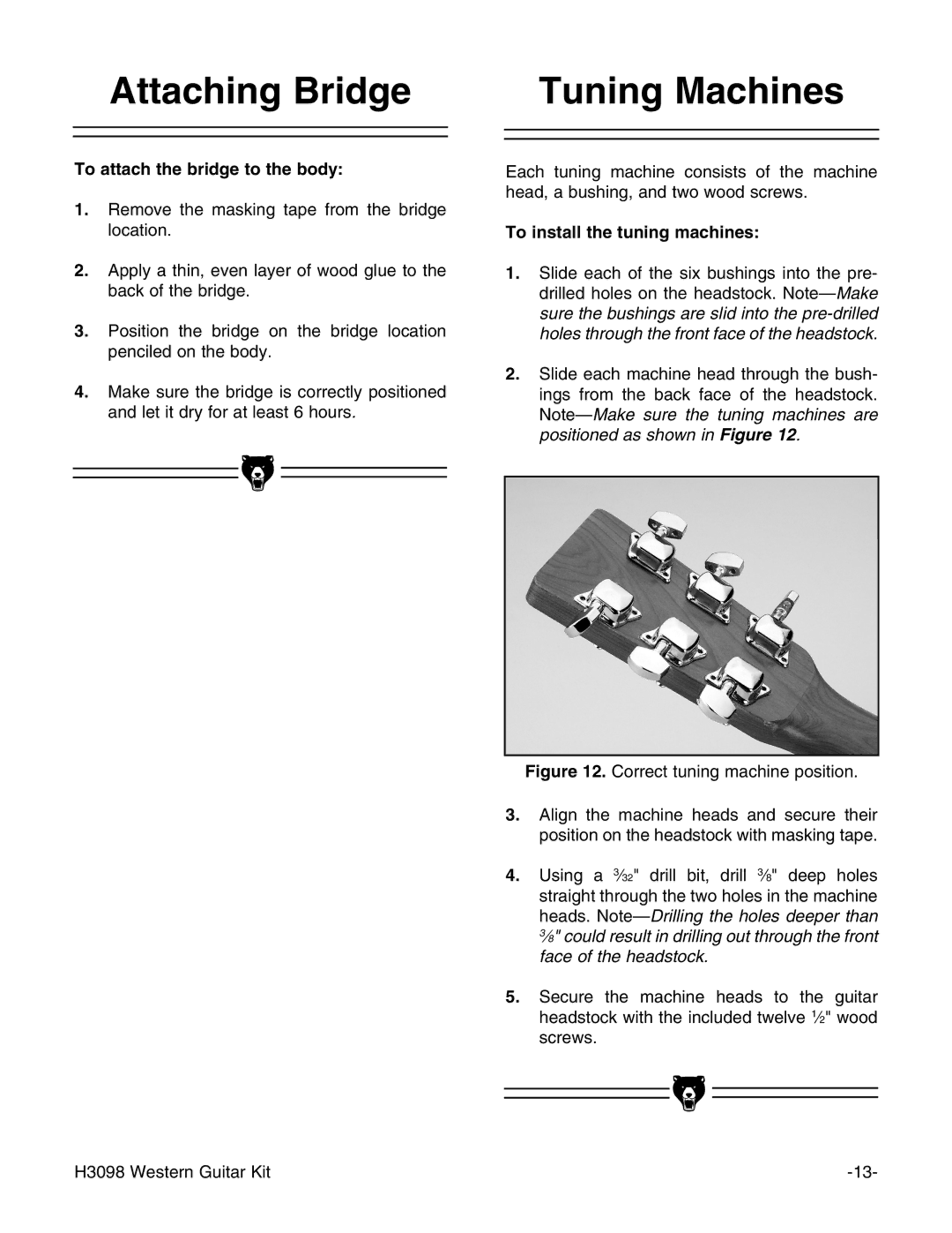 Grizzly H3098 Attaching Bridge Tuning Machines, To attach the bridge to the body, To install the tuning machines 