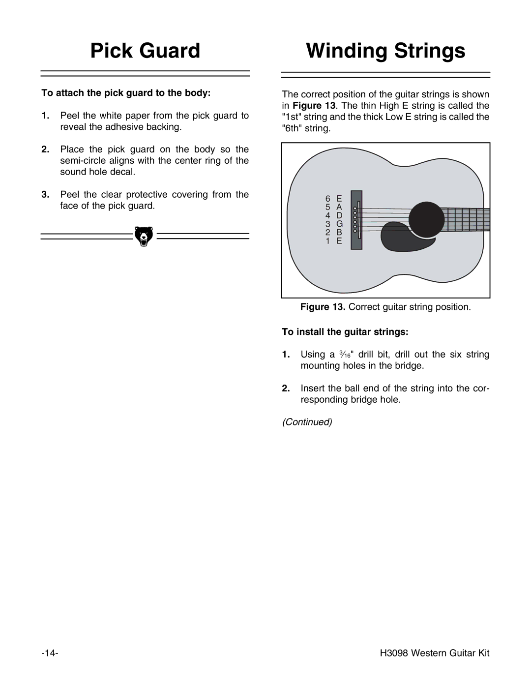 Grizzly H3098 Pick Guard, Winding Strings, To attach the pick guard to the body, To install the guitar strings 