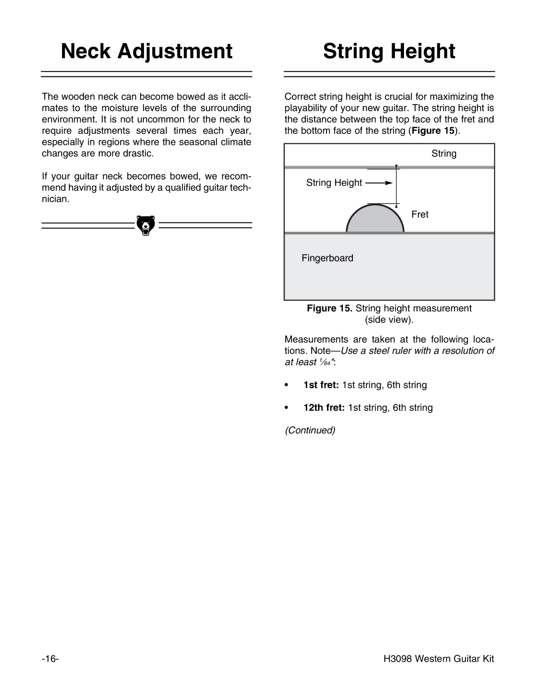 Grizzly H3098 instruction manual Neck Adjustment String Height, String height measurement 