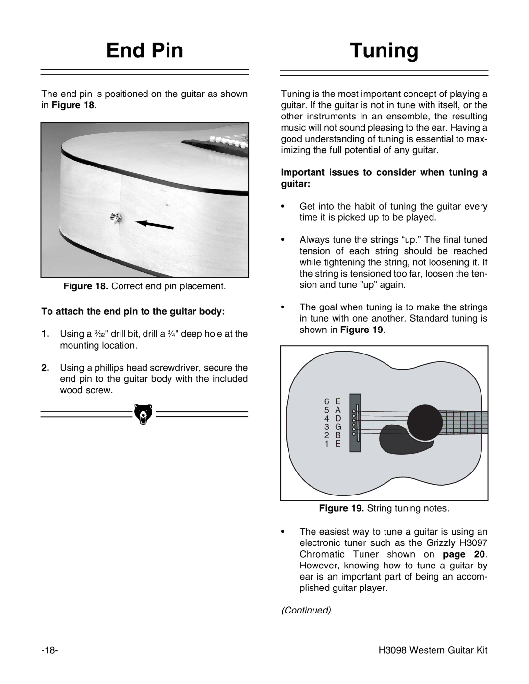 Grizzly H3098 End Pin Tuning, To attach the end pin to the guitar body, Important issues to consider when tuning a guitar 