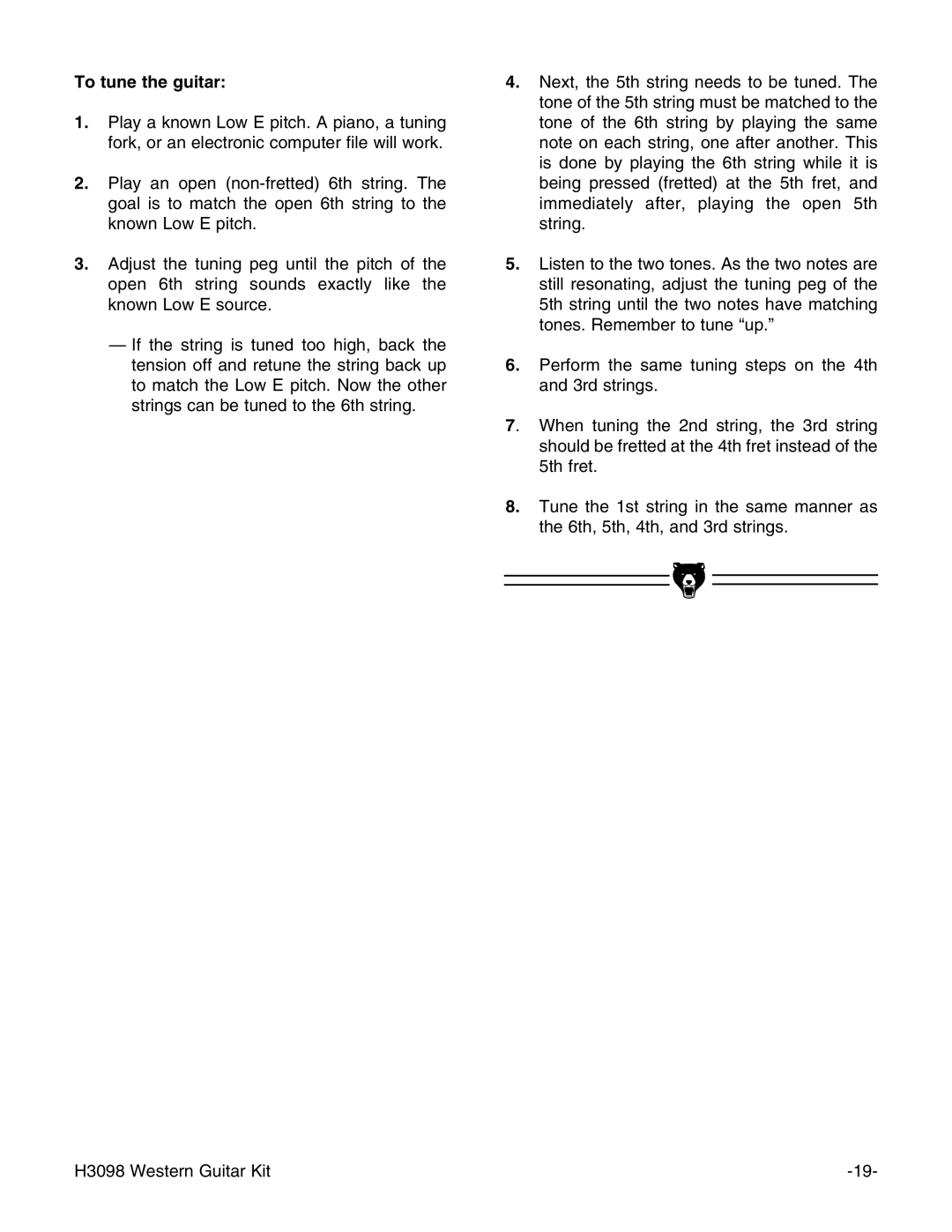 Grizzly H3098 instruction manual To tune the guitar 