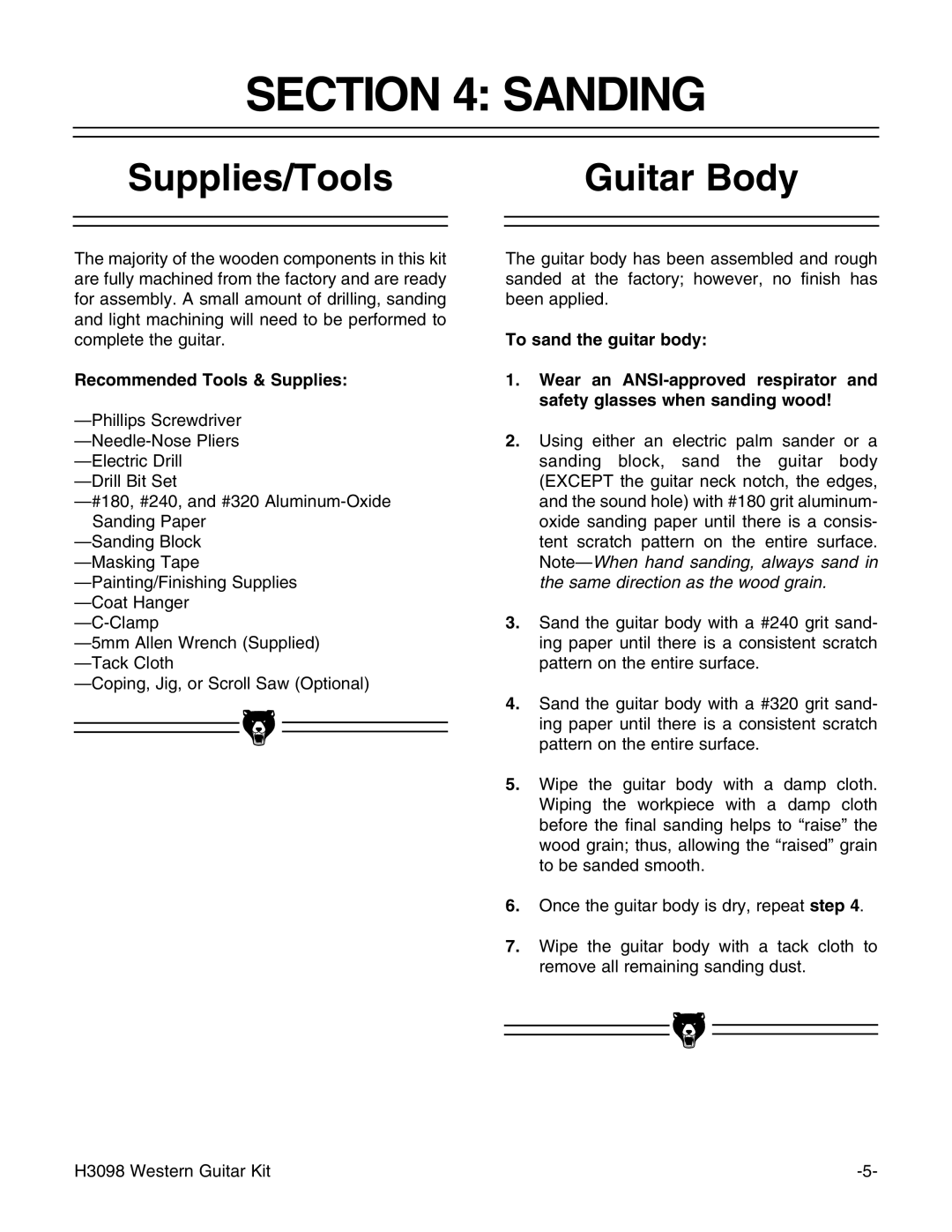 Grizzly H3098 instruction manual Sanding, Supplies/Tools Guitar Body, Recommended Tools & Supplies 