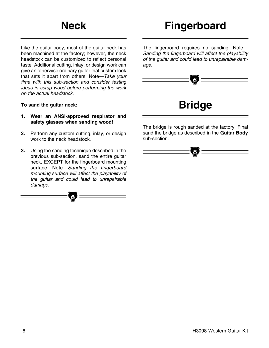 Grizzly H3098 instruction manual NeckFingerboard, Bridge 