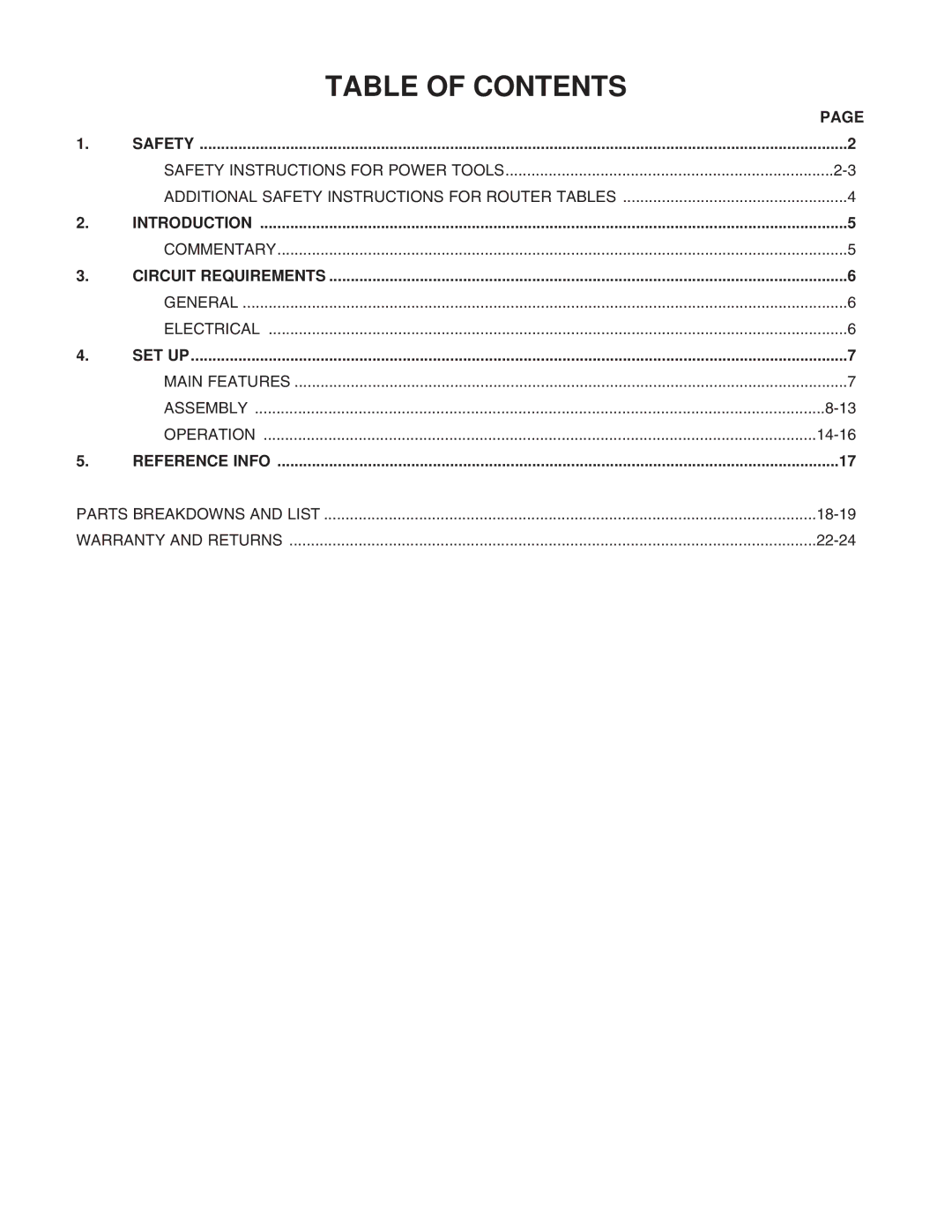 Grizzly H3114 instruction manual Table of Contents 