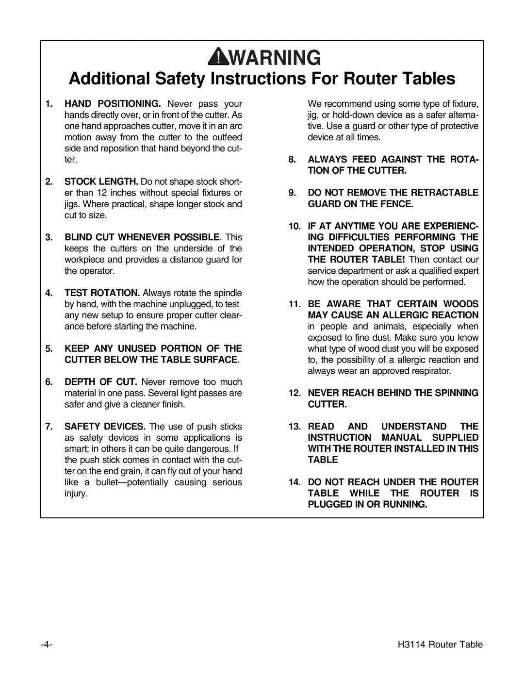 Grizzly H3114 instruction manual Additional Safety Instructions For Router Tables 