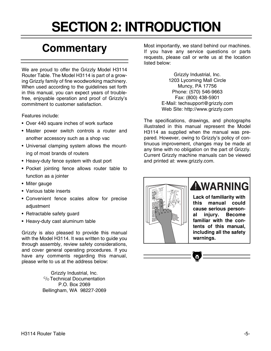 Grizzly H3114 instruction manual Introduction, Commentary 