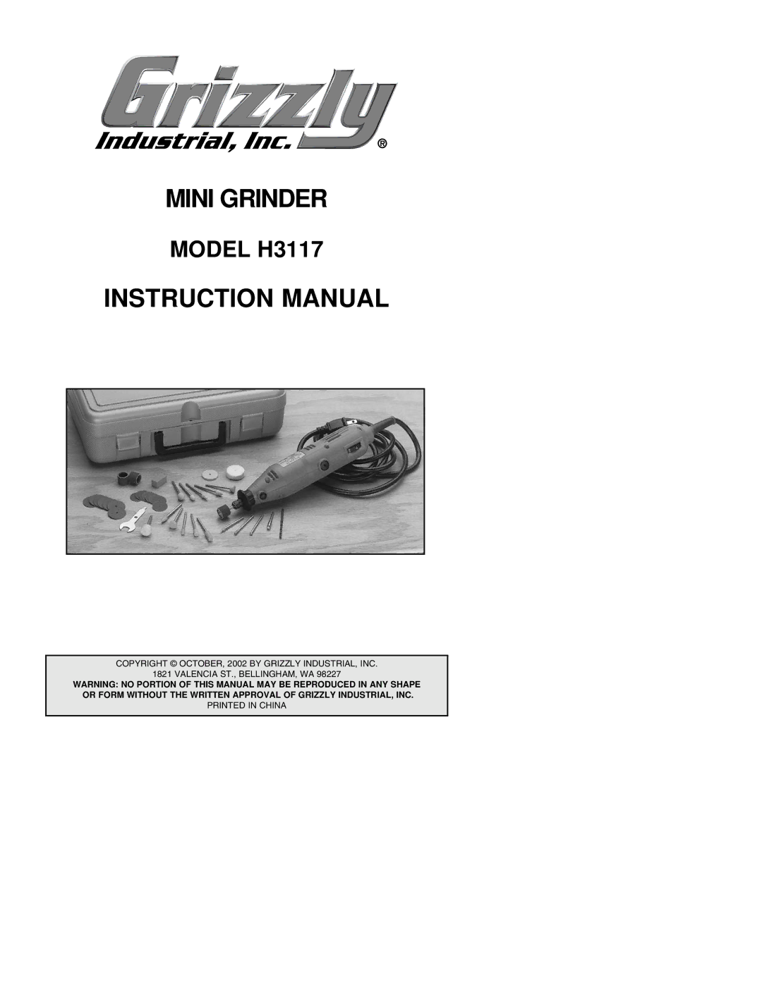 Grizzly instruction manual Mini Grinder, Model H3117 