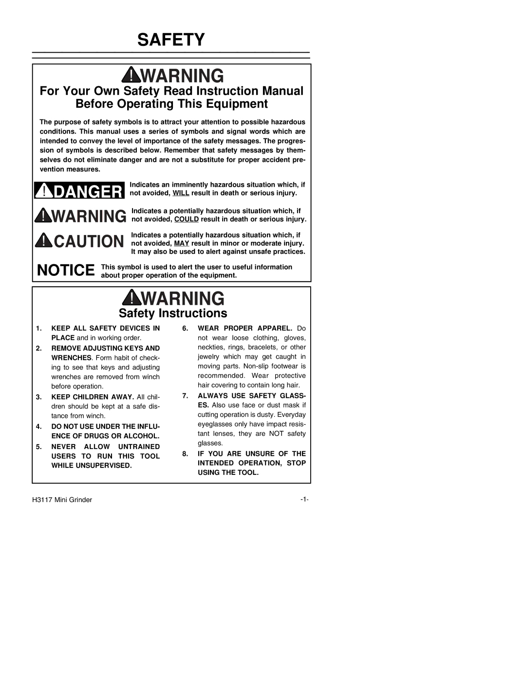 Grizzly H3117 instruction manual Safety, Before Operating This Equipment 