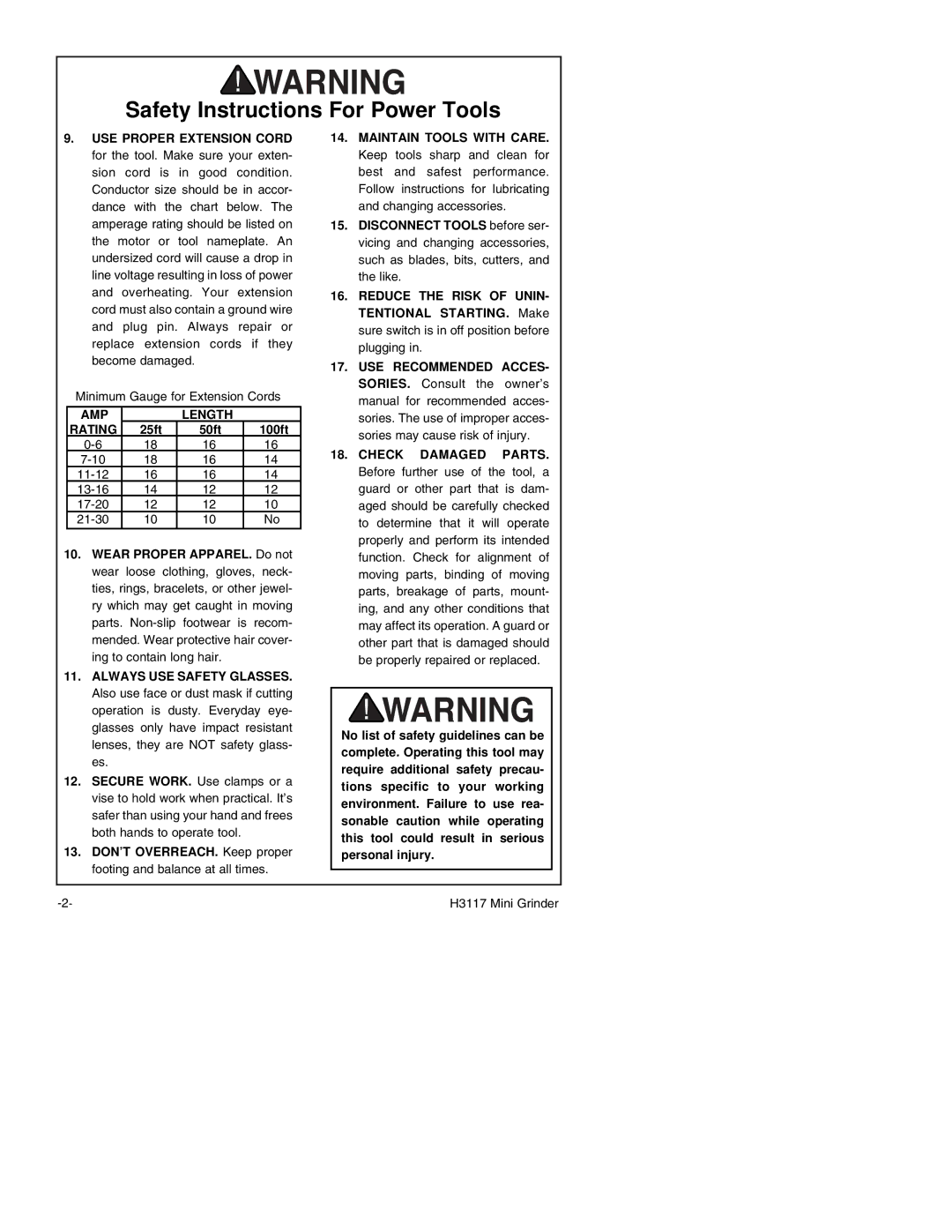 Grizzly H3117 instruction manual Safety Instructions For Power Tools 