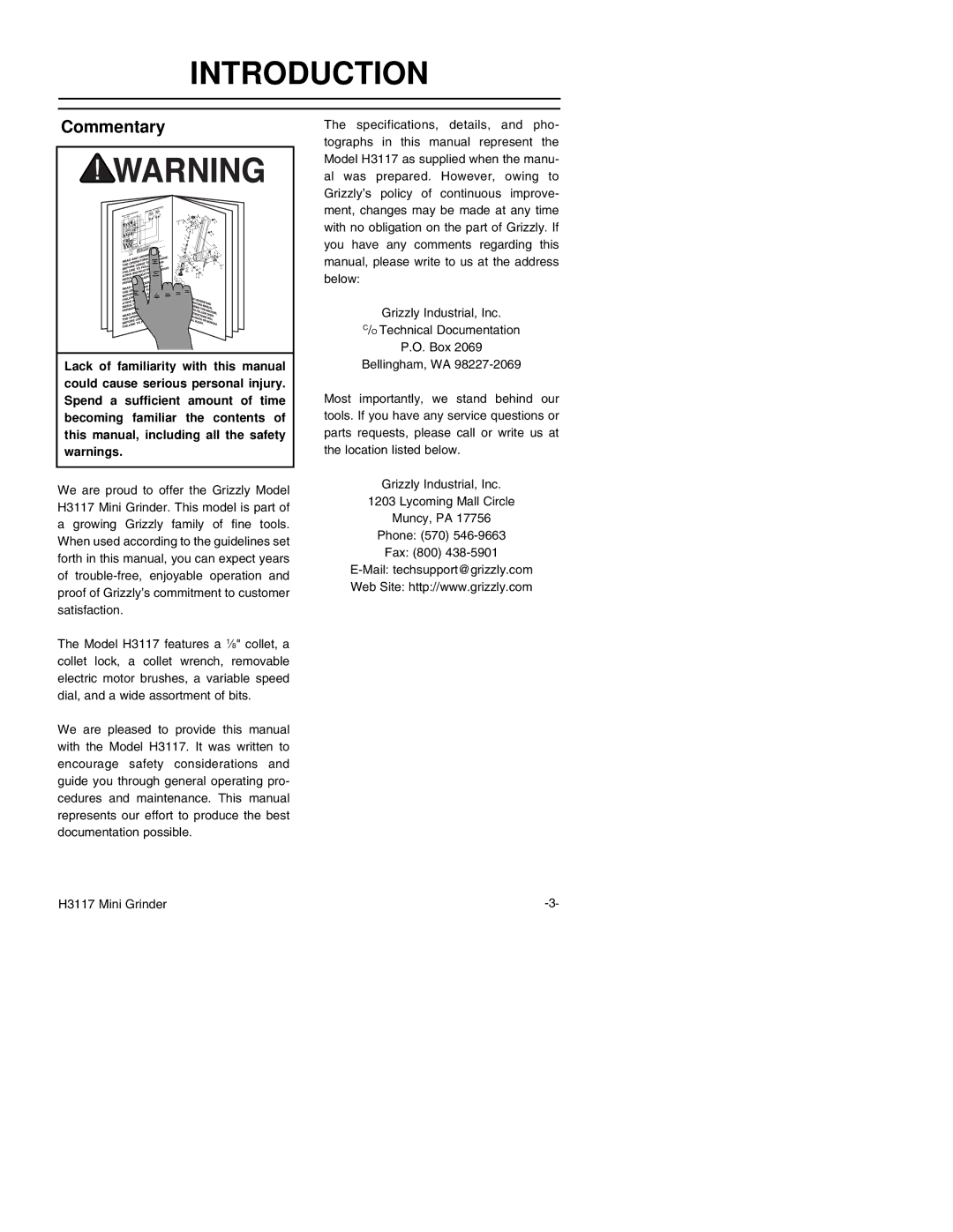 Grizzly H3117 instruction manual Introduction, Commentary 