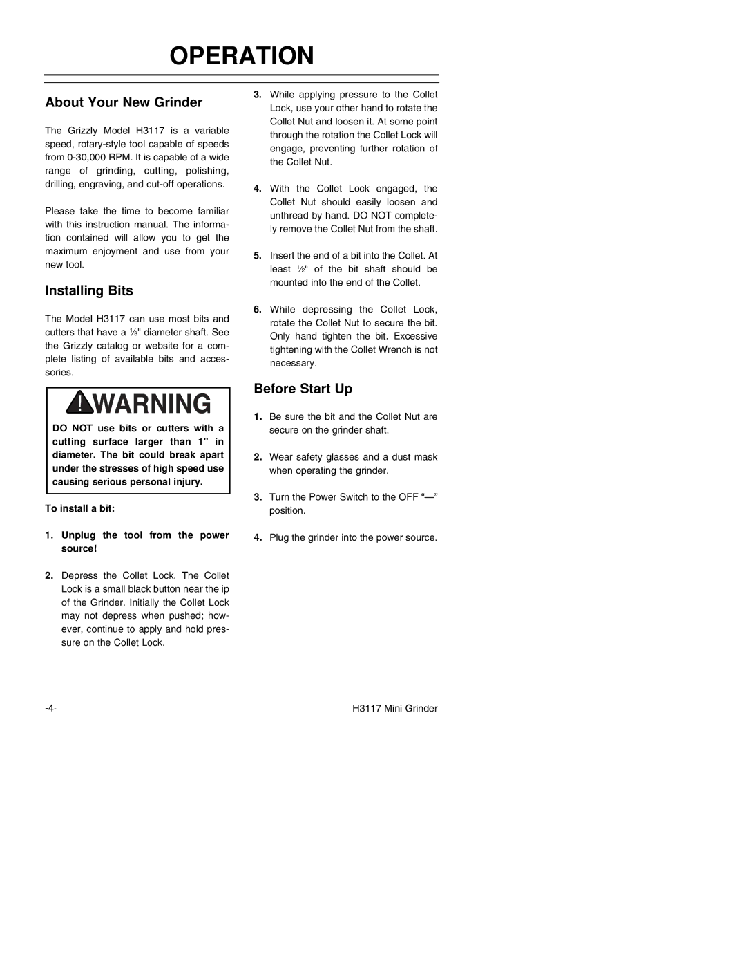 Grizzly H3117 instruction manual Operation, About Your New Grinder 