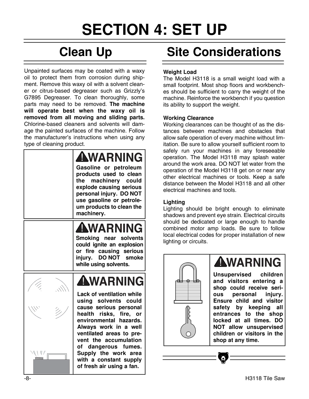 Grizzly H3118 instruction manual Set Up, Clean Up, Site Considerations 