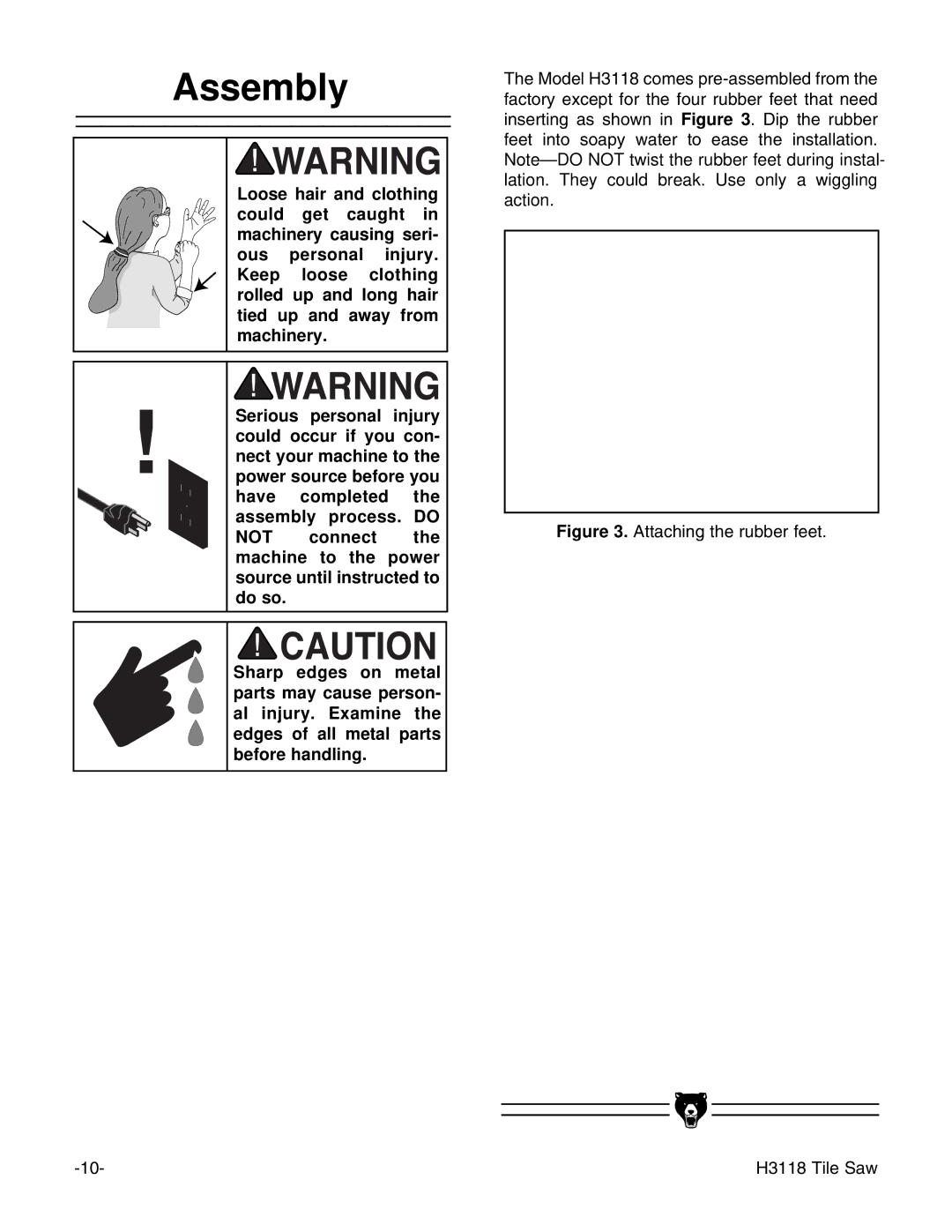 Grizzly instruction manual Assembly, Attaching the rubber feet H3118 Tile Saw 