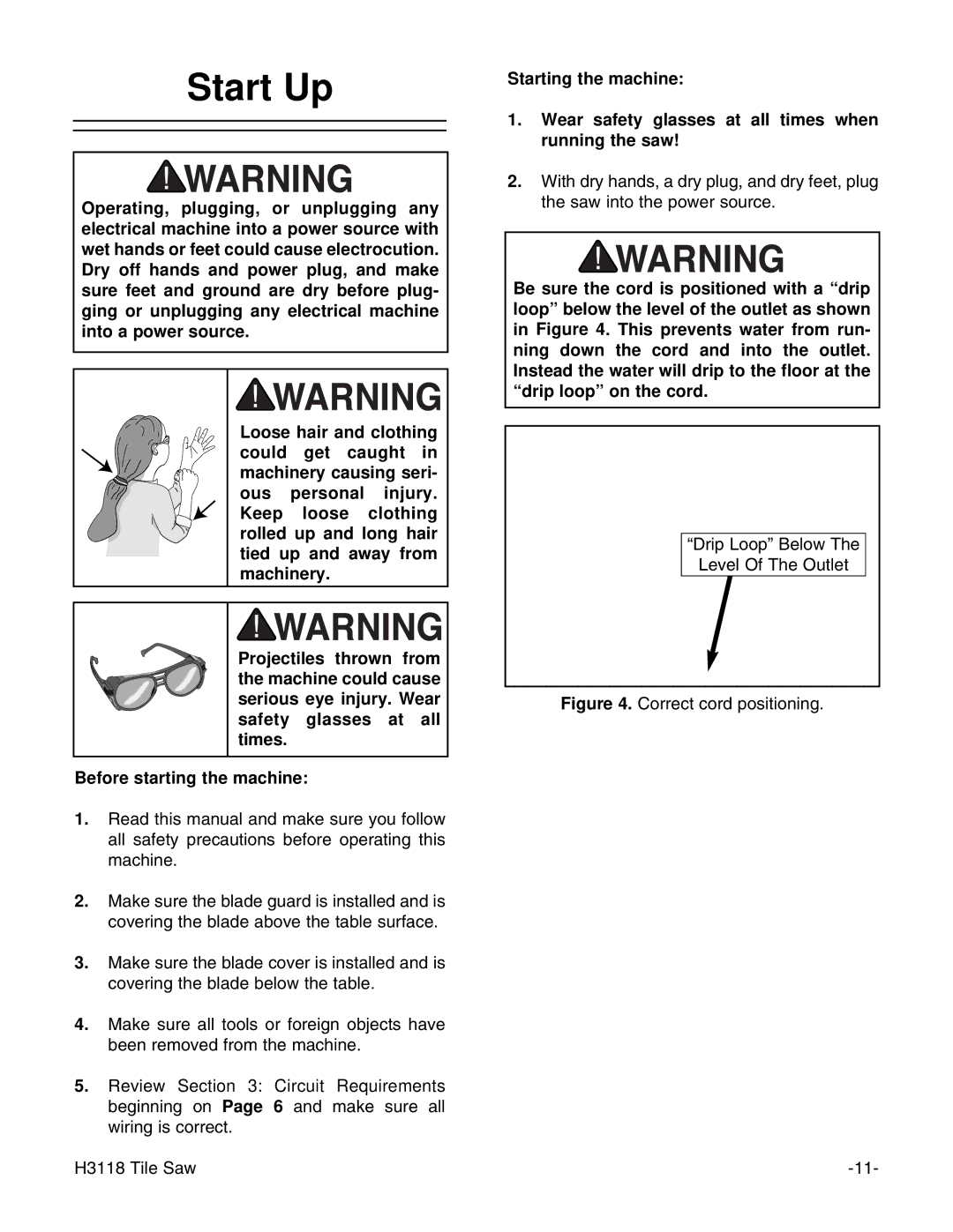 Grizzly H3118 instruction manual Start Up, Correct cord positioning 