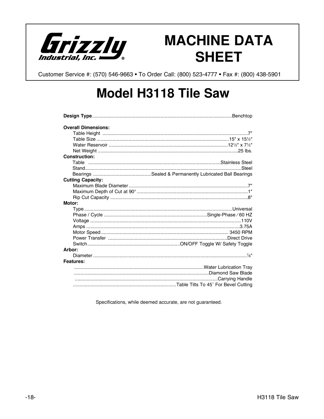 Grizzly instruction manual Machine Data Sheet, Model H3118 Tile Saw 