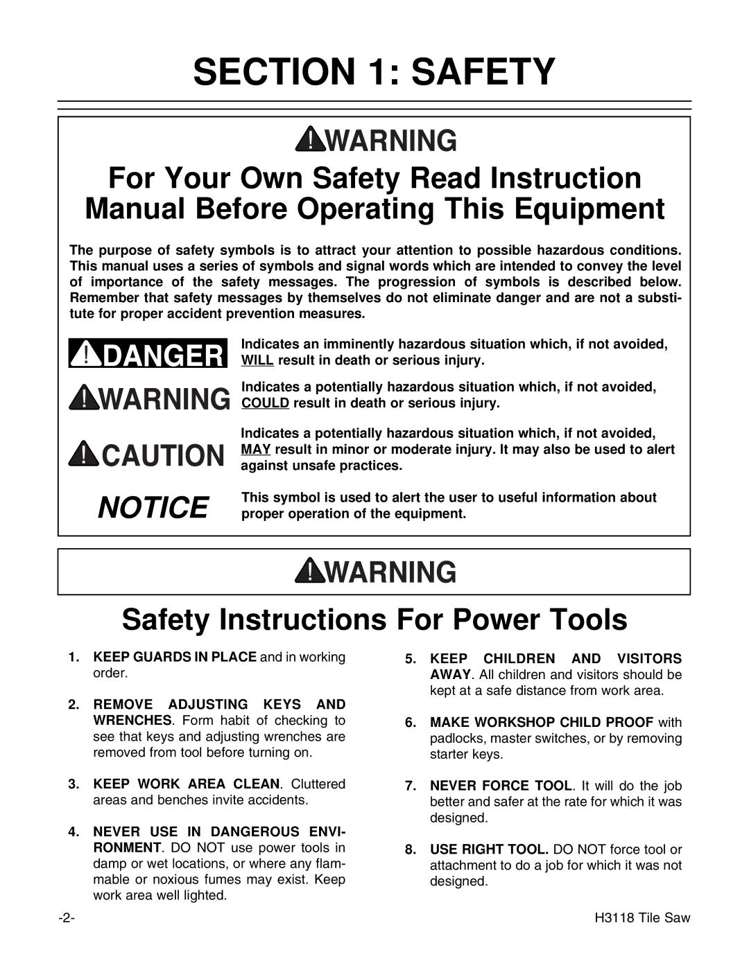 Grizzly H3118 instruction manual Safety Instructions For Power Tools 