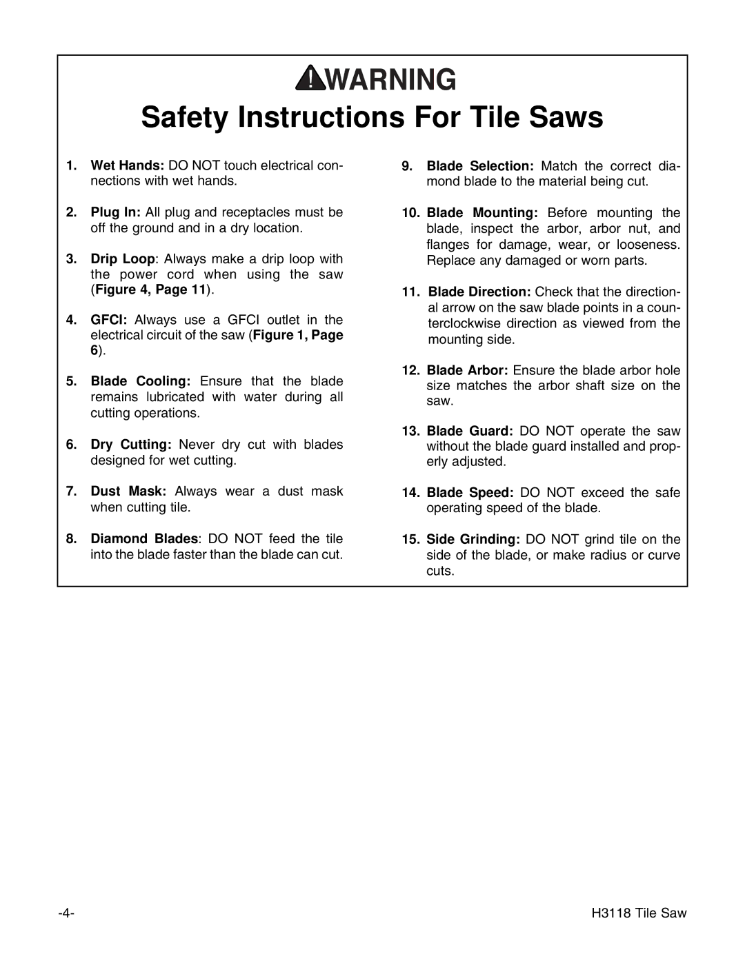 Grizzly H3118 instruction manual Safety Instructions For Tile Saws 