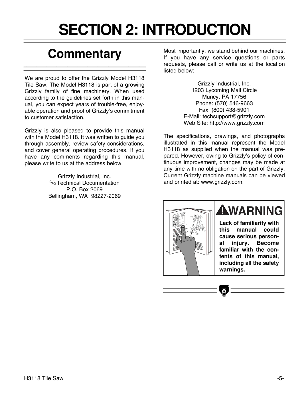 Grizzly H3118 instruction manual Introduction, Commentary 