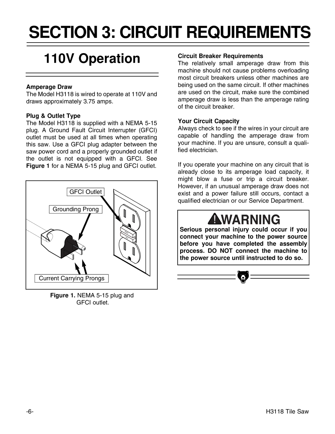 Grizzly H3118 instruction manual Circuit Requirements, 110V Operation 