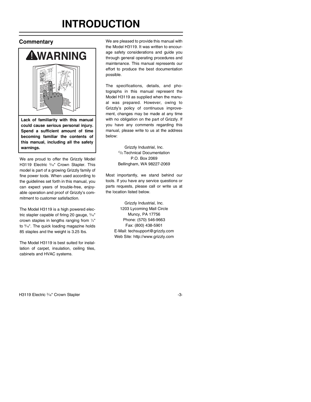 Grizzly H3119 instruction manual Introduction, Commentary 