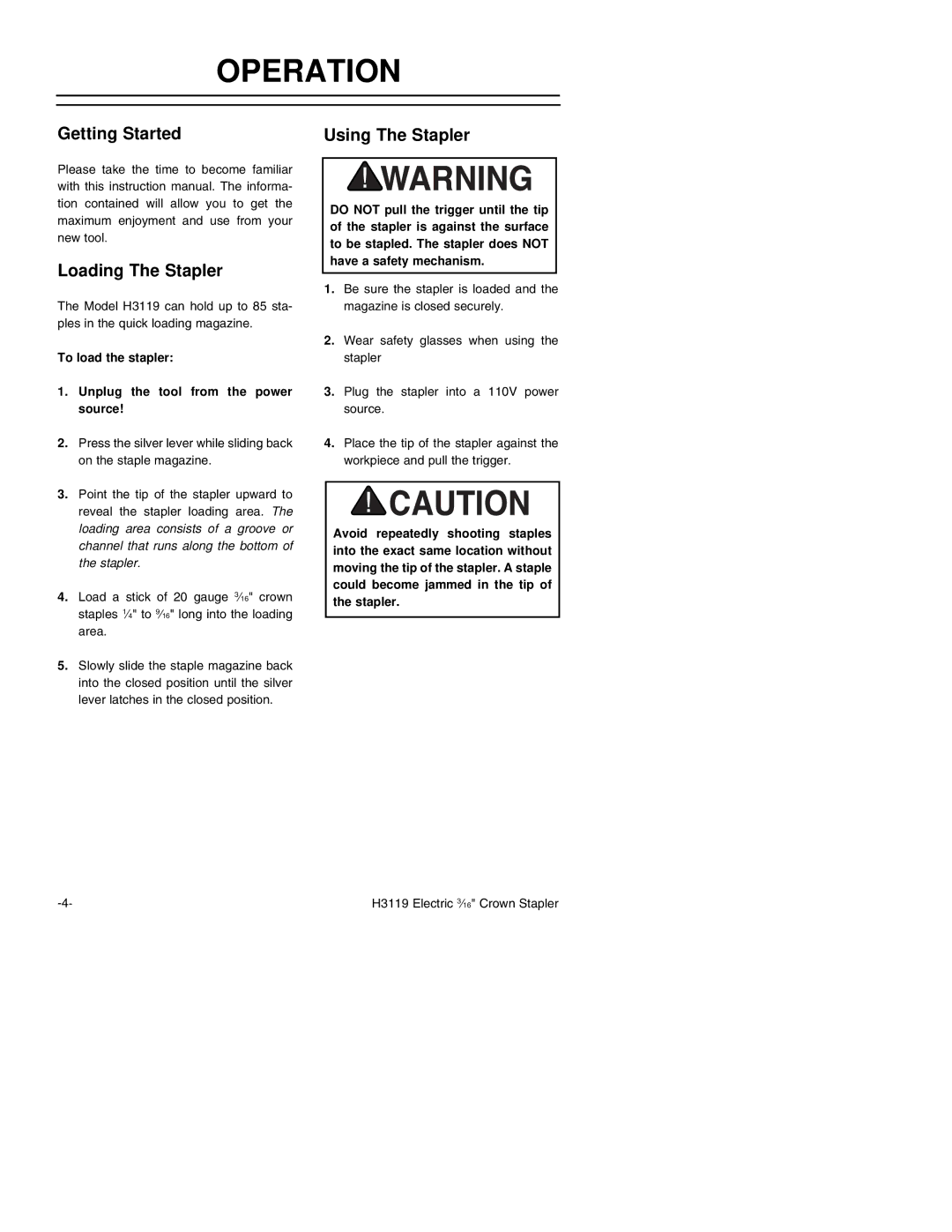 Grizzly H3119 instruction manual Operation, Getting Started Loading The Stapler 