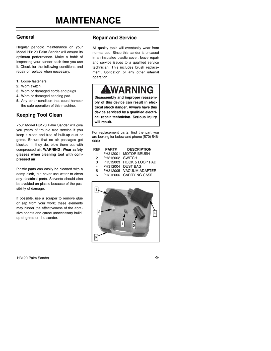 Grizzly H3120 instruction manual Maintenance, General 