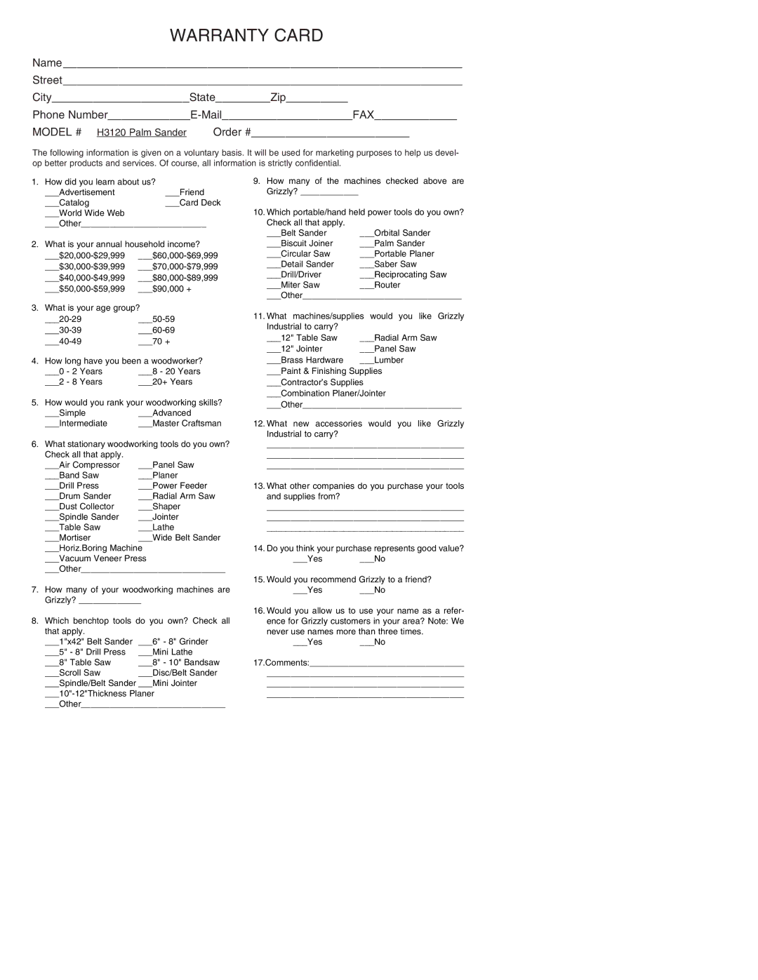 Grizzly H3120 instruction manual Warranty Card 