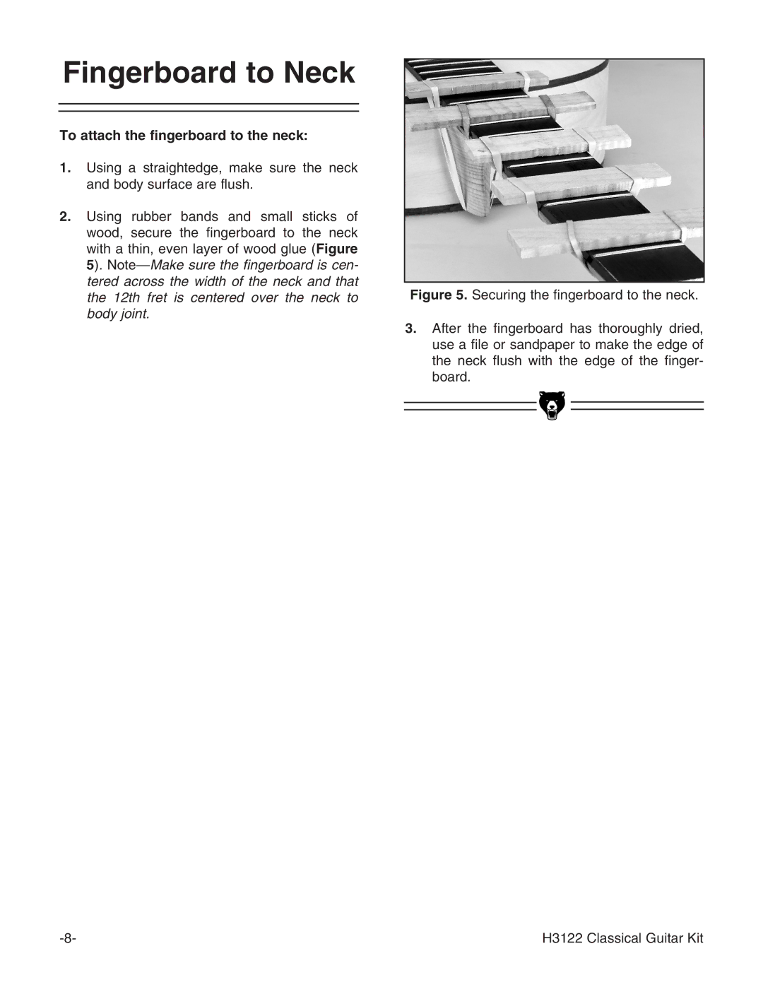 Grizzly H3122 instruction manual Fingerboard to Neck, To attach the fingerboard to the neck 