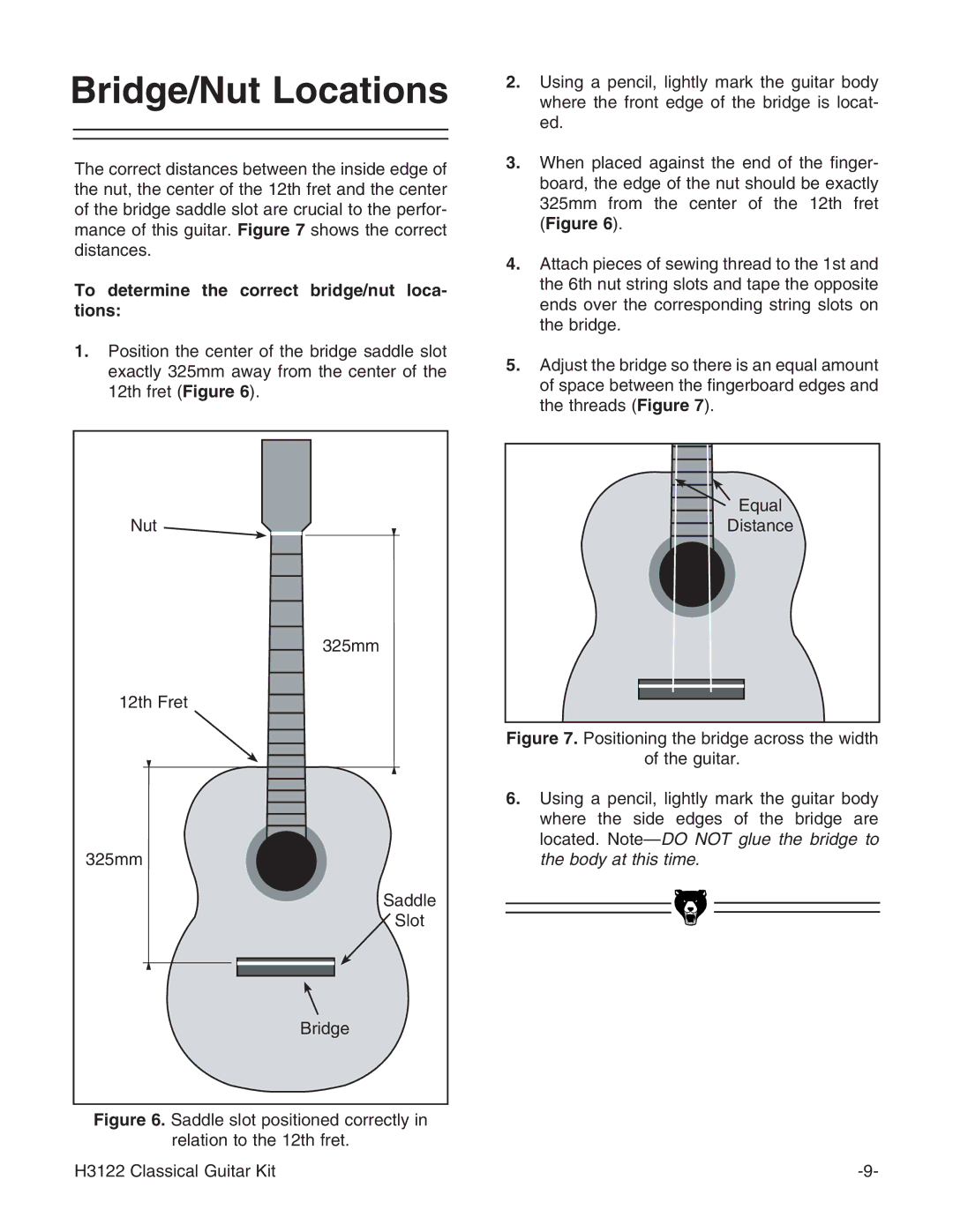 Grizzly H3122 instruction manual Bridge/Nut Locations, To determine the correct bridge/nut loca- tions 