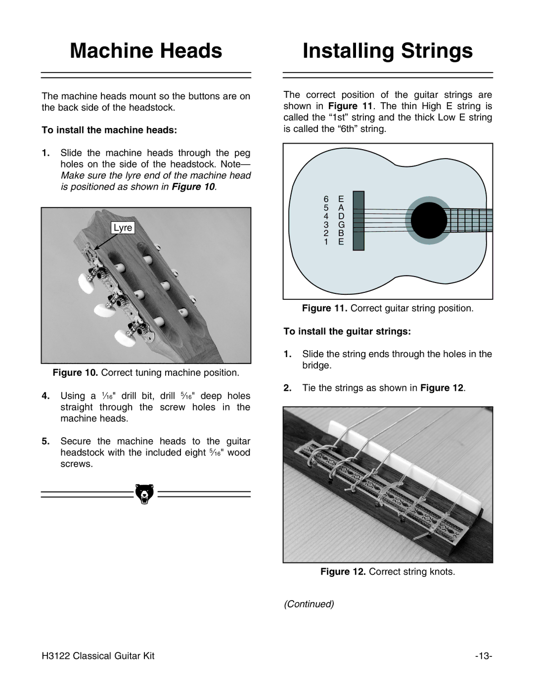 Grizzly H3122 instruction manual Installing Strings, To install the guitar strings 