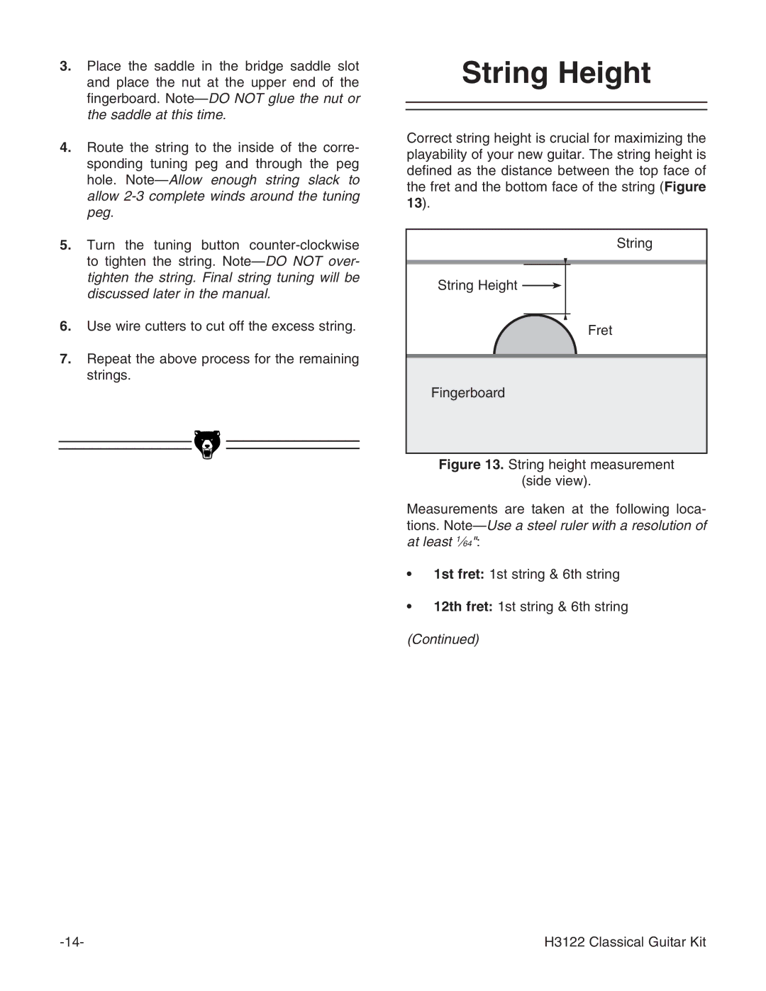 Grizzly H3122 instruction manual String Height, Discussed later in the manual 