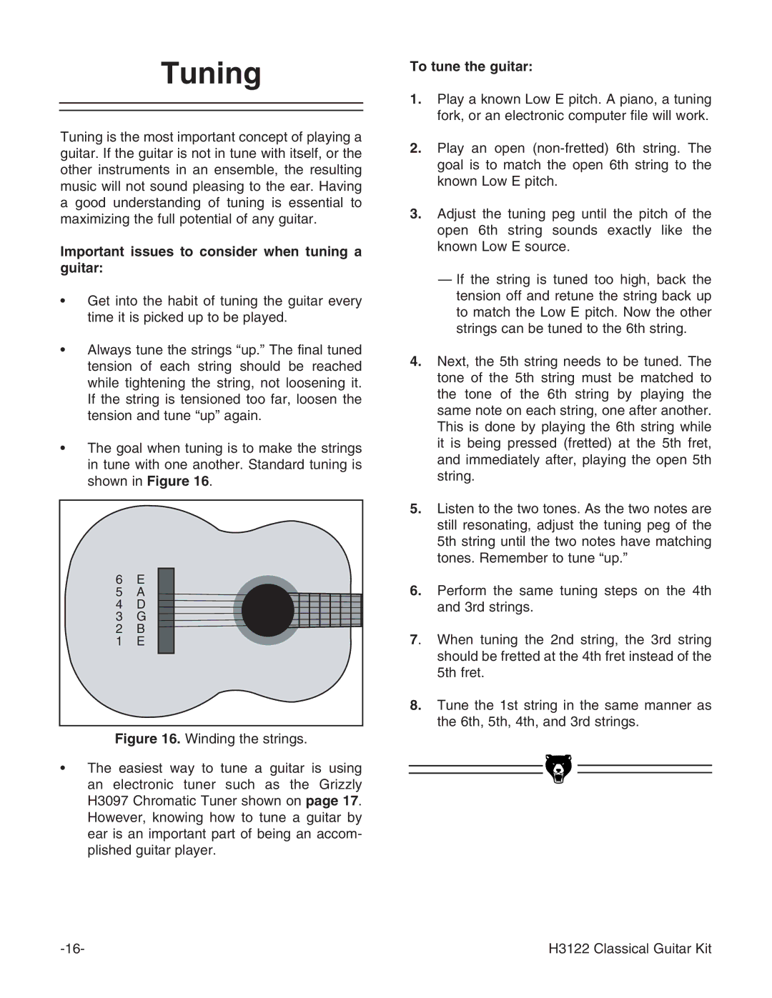 Grizzly H3122 instruction manual Tuning, Important issues to consider when tuning a guitar, To tune the guitar 