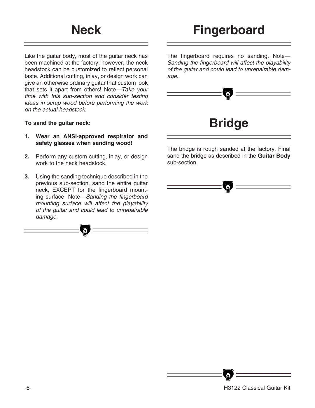 Grizzly H3122 instruction manual NeckFingerboard, Bridge 