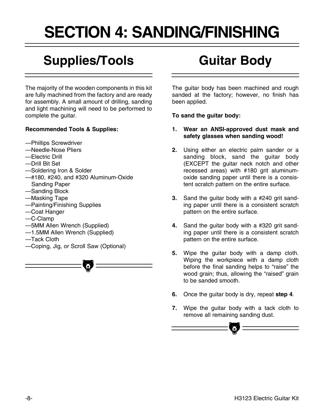 Grizzly H3123 instruction manual Sanding/Finishing, Supplies/Tools Guitar Body, Recommended Tools & Supplies 