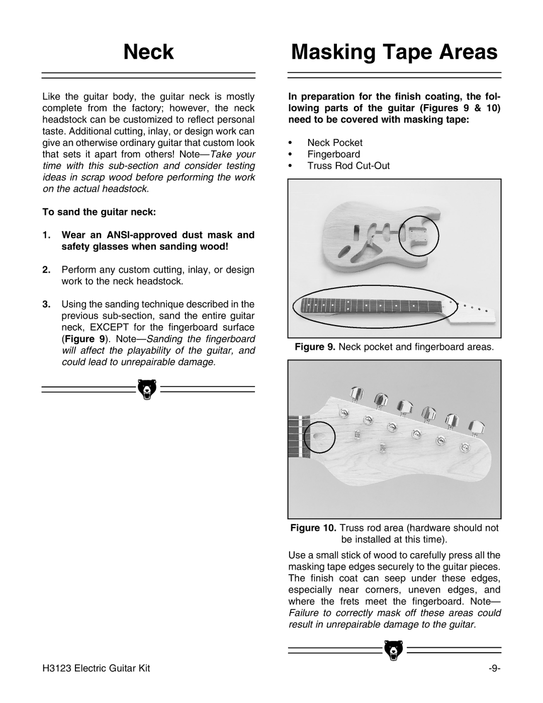 Grizzly H3123 instruction manual Neck, Masking Tape Areas 