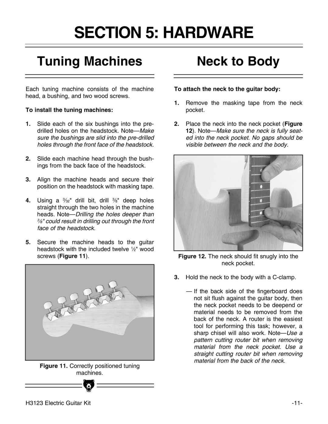 Grizzly H3123 instruction manual Hardware, Tuning Machines Neck to Body, To install the tuning machines 