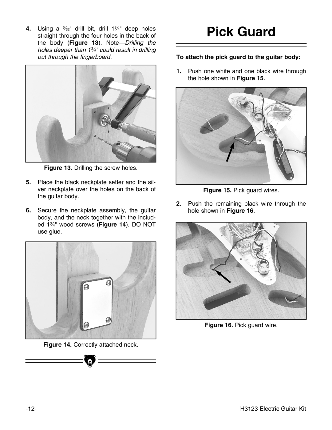 Grizzly H3123 instruction manual Pick Guard, To attach the pick guard to the guitar body 