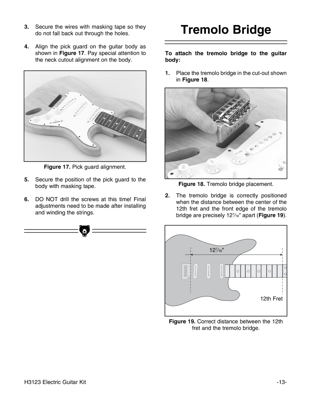 Grizzly H3123 instruction manual Tremolo Bridge, To attach the tremolo bridge to the guitar body 