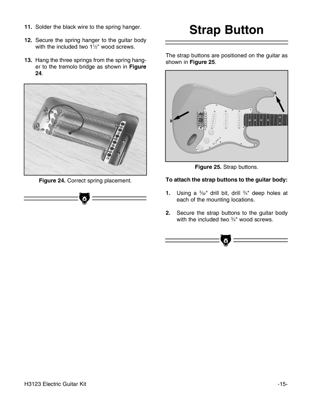 Grizzly H3123 instruction manual Strap Button, To attach the strap buttons to the guitar body 