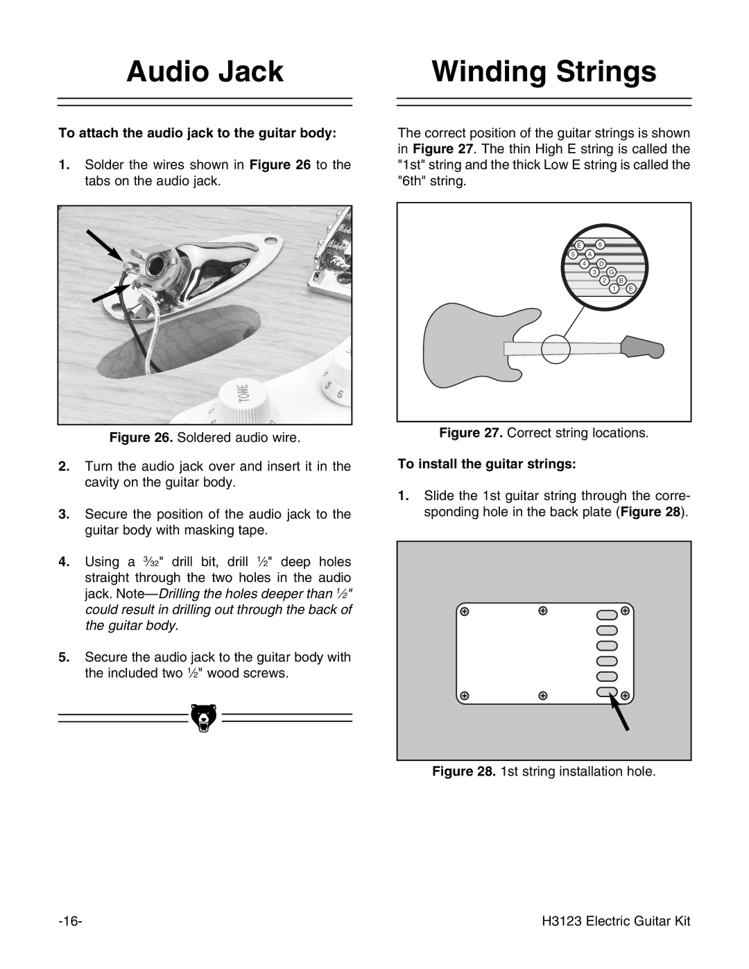 Grizzly H3123 Audio Jack, Winding Strings, To attach the audio jack to the guitar body, To install the guitar strings 