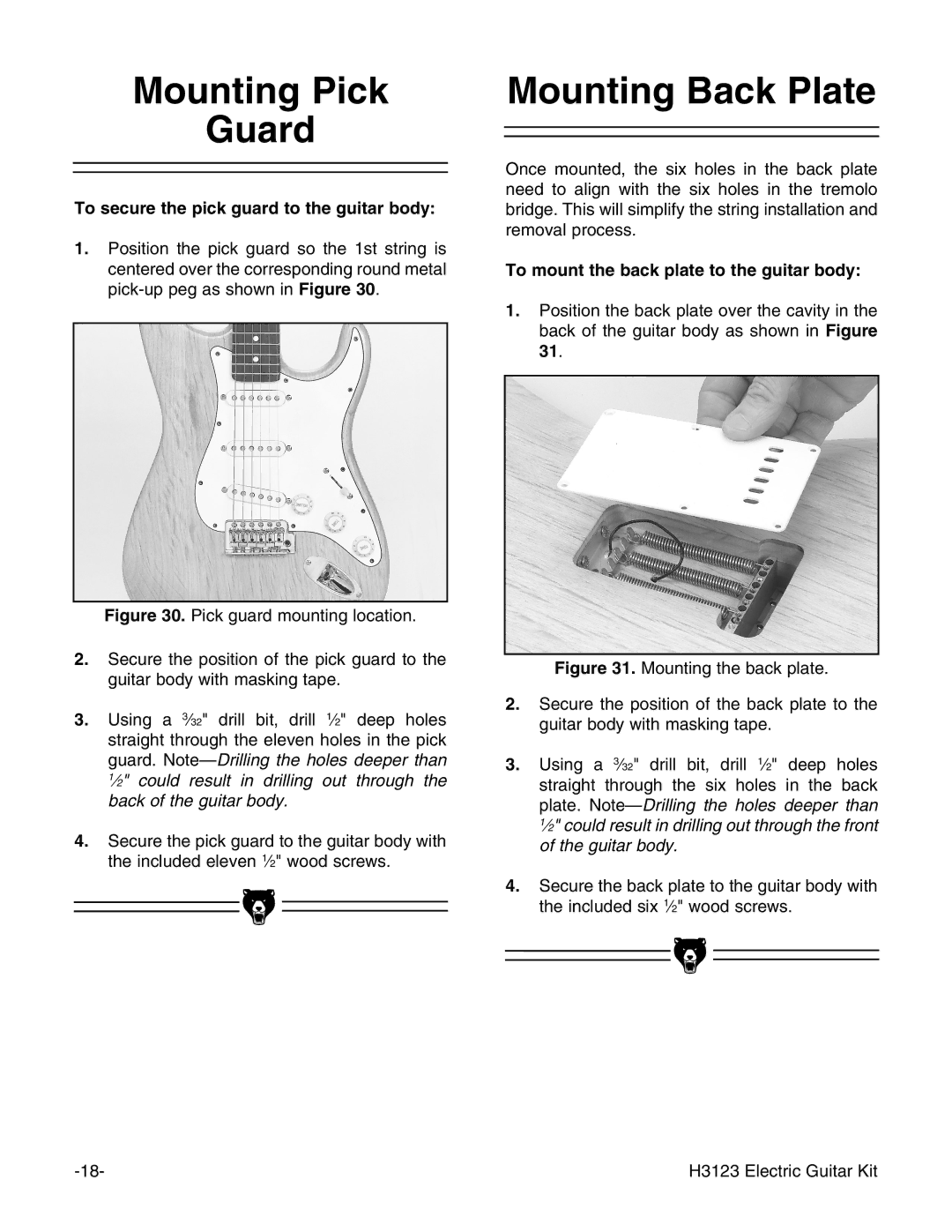 Grizzly H3123 instruction manual Mounting Pick Guard, Mounting Back Plate, To secure the pick guard to the guitar body 