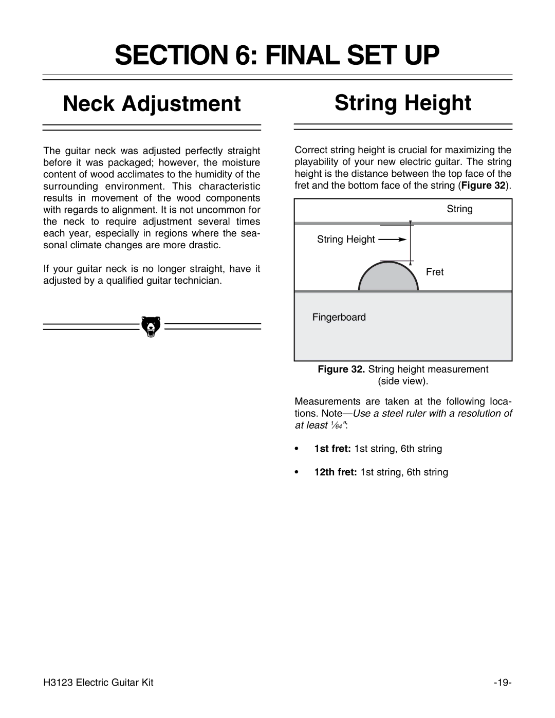 Grizzly H3123 instruction manual Final SET UP, Neck Adjustment String Height 