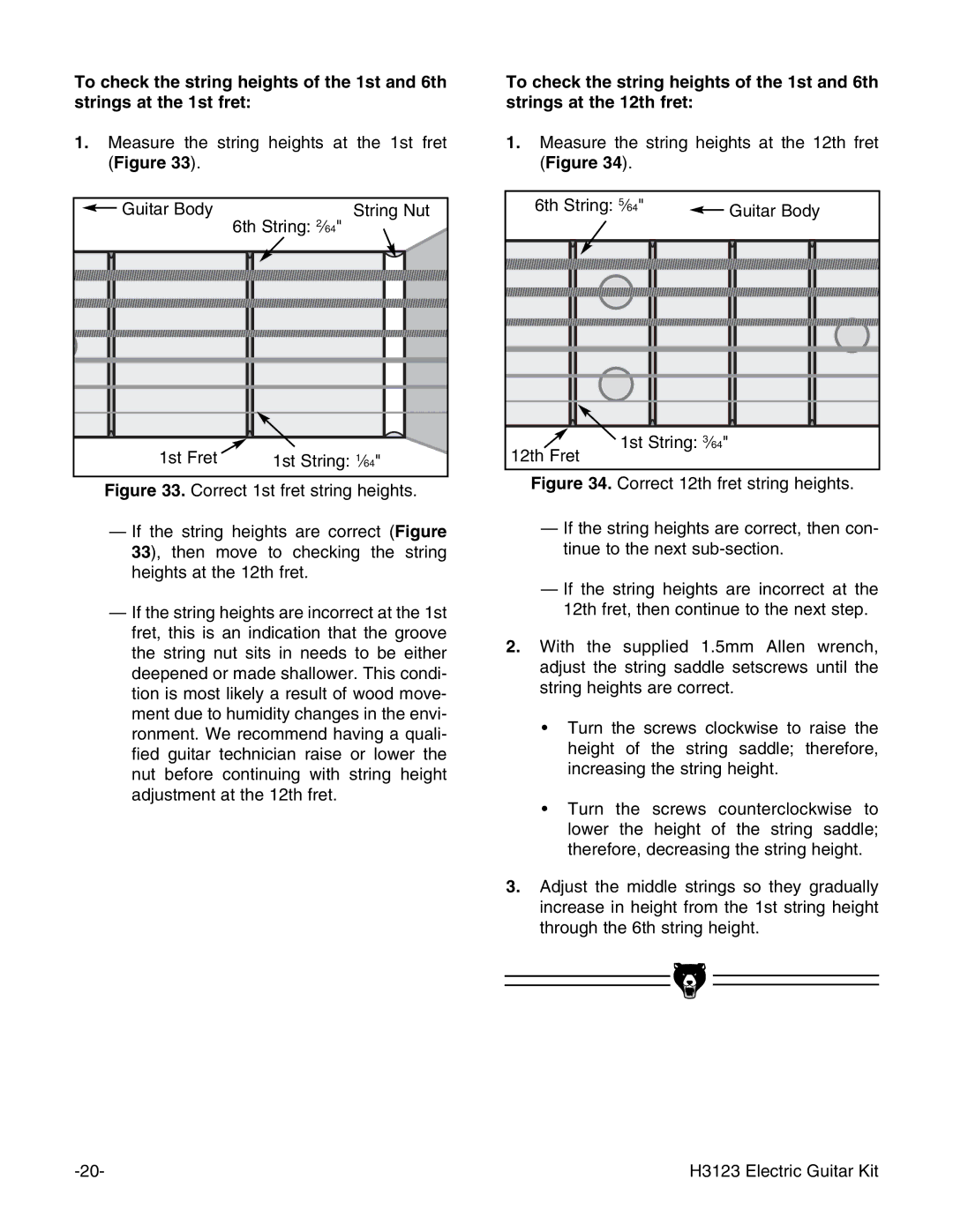 Grizzly H3123 instruction manual Correct 1st fret string heights 