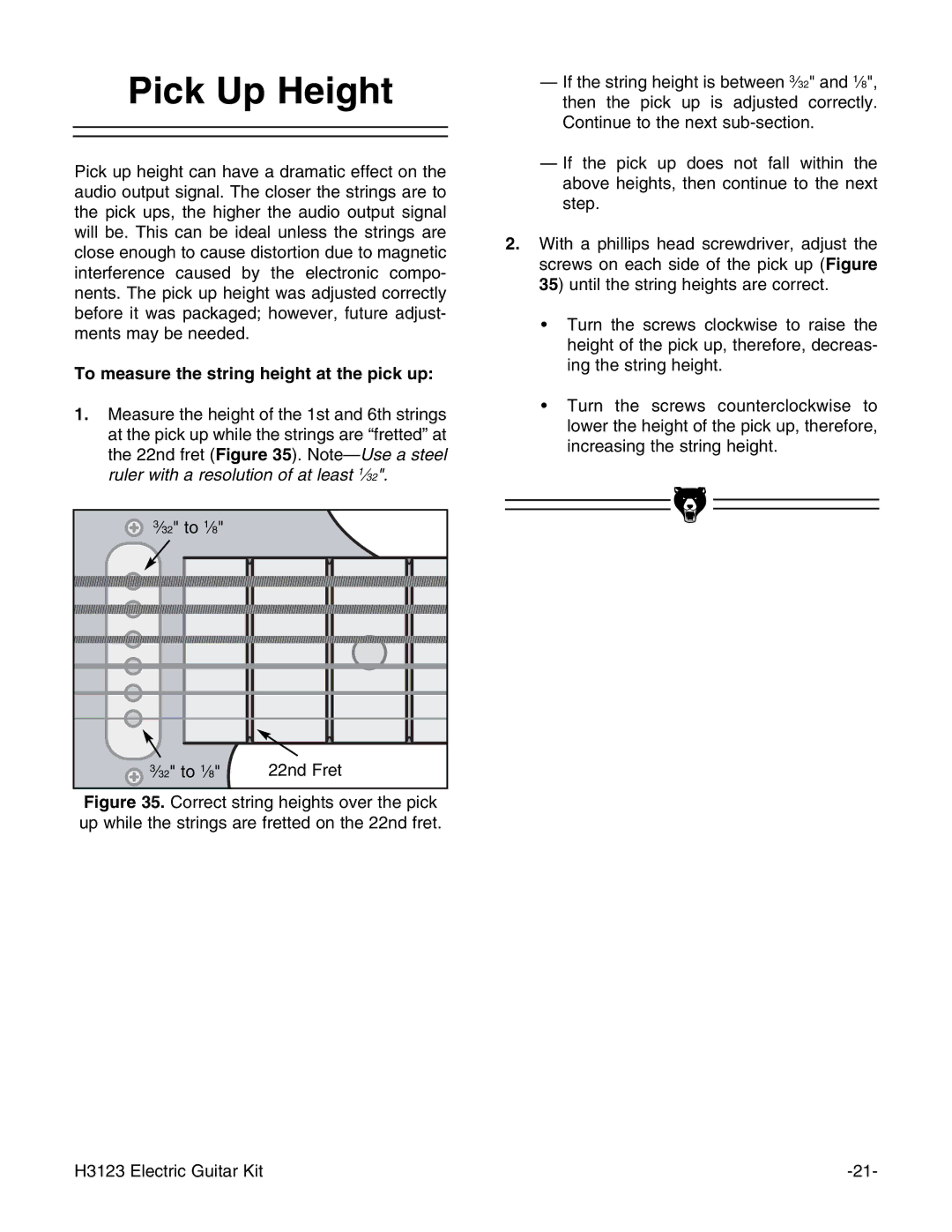 Grizzly H3123 instruction manual Pick Up Height, To measure the string height at the pick up 