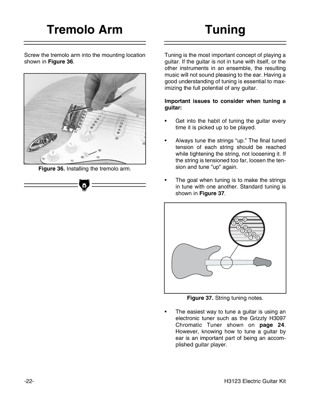 Grizzly H3123 instruction manual Tremolo Arm Tuning, Important issues to consider when tuning a guitar 