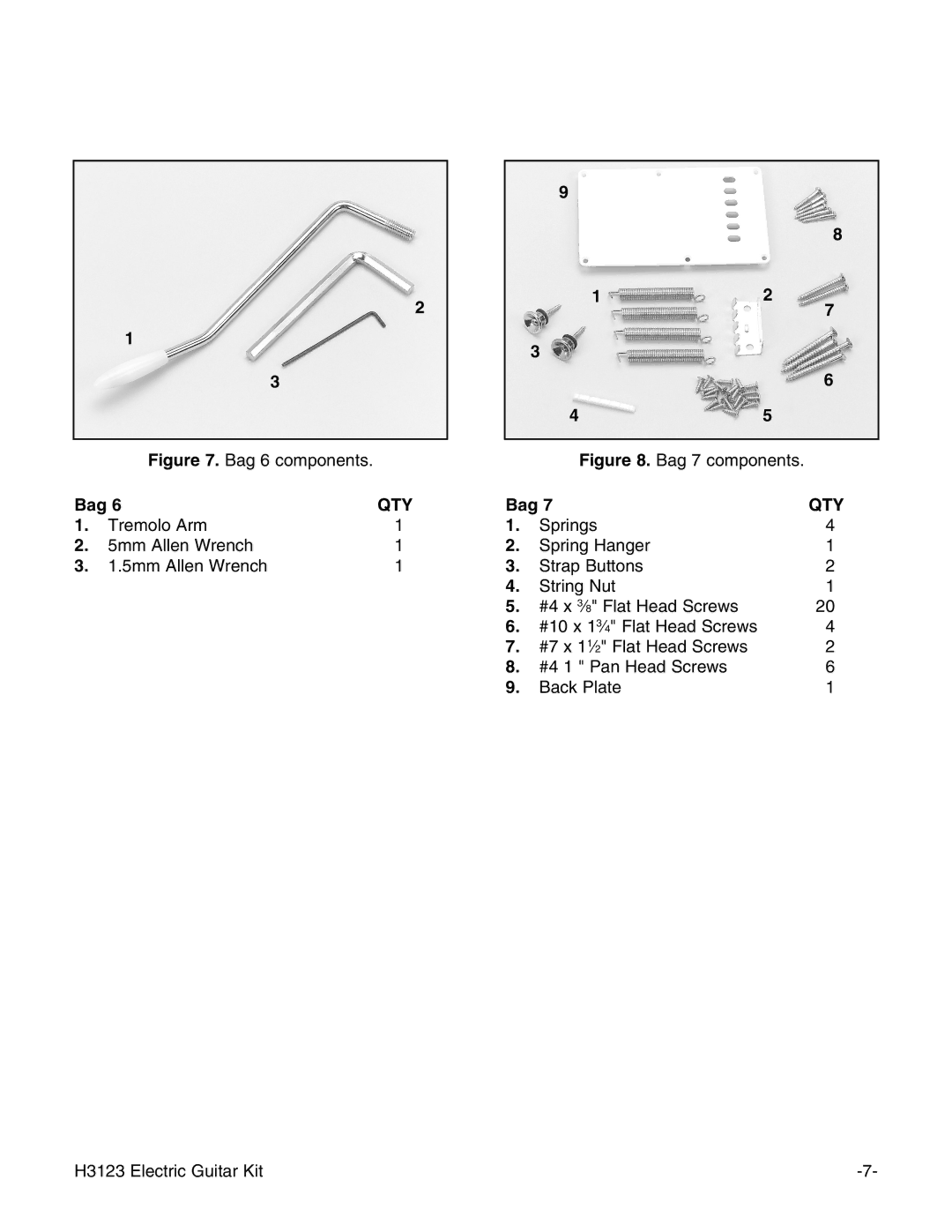 Grizzly H3123 instruction manual Bag 6 components 